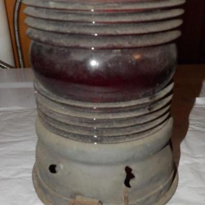 Rare Antique Red Fresnal Lensand Base for Ship's Caution Light