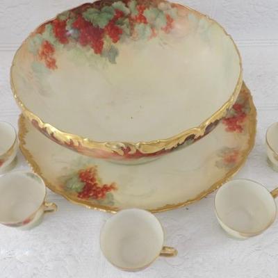 Magnificent T&V Limoges Hand Painted Punch Bowl Set