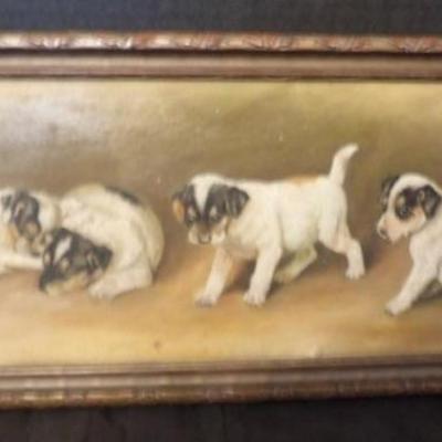 Adorable Folk Art Painted of Puppies Watching a Spider
