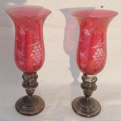 Pair of Sterling Hurricane Lamps With Cranberry Cut and Etched Shades