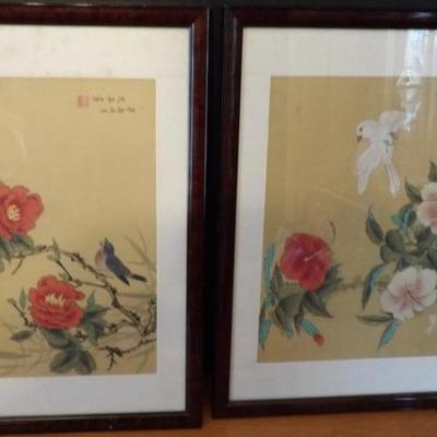 Two Asian Paintings on Silk of Flowers and Bird Decor