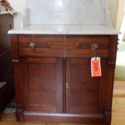 Victorian Eastlake Marble Top Walnut Commode With Backsplash and Towel Rack