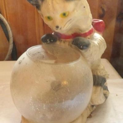1930s Chalkware Carnival Cat With Fish Bowl 