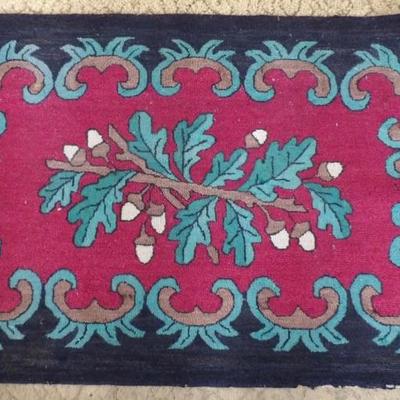 1920s Era Leaf and Acorn Pattern Finely Hooked Rug