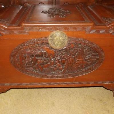 Art Deco Relief Carved Camphor Wood Storage Chest