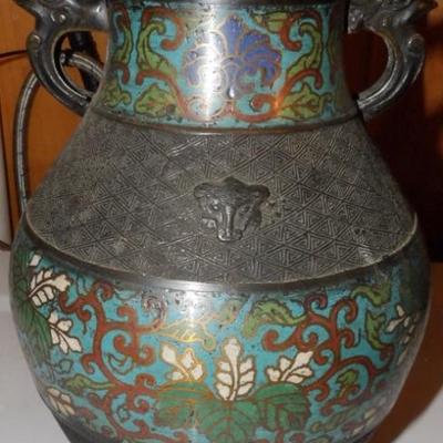 12" Tall Japanese Chempleve Vase With Banded Decoration.  