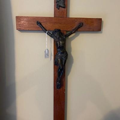 Bronzed â€¢ Crucifix â€¢ on Oak Cross â€¢ 29â€h x 14.5â€w â€¢ $75