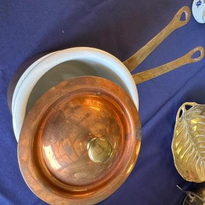 BUY IT NOW! $ 50 Vintage Hall 1084 Ceramic and Copper Double Boiler Brass Handles 3pc, Portugal