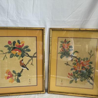 BUY IT NOW! $90 for Pair Vintage Water Colors of Pair of Birds in Flowers is signed 