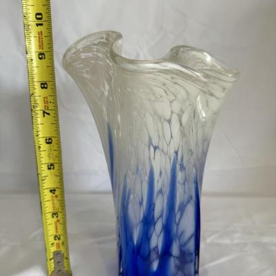 BUY IT NOW $25 Cobalt Blue and White Ruffled Hand Blown, Art Glass Vase 10" x 6"