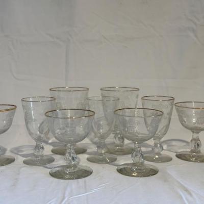 BUY IT NOW! $30Homer Laughlin Queen Ester 9 piece set of Wine glasses some wear on gold rim