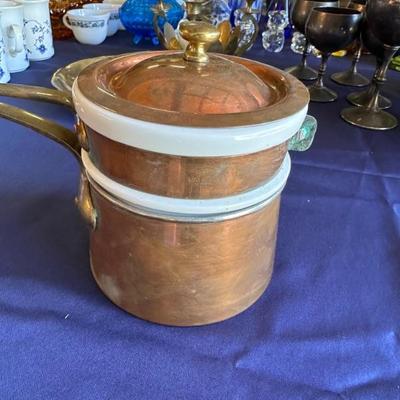 BUY IT NOW! $ 50 Vintage Hall 1084 Ceramic and Copper Double Boiler Brass Handles 3pc, Portugal