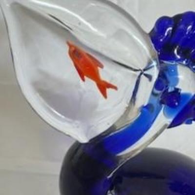BUY IT NOW! $10 Hand Blown Cobalt blue Glass Pelican Statue Fish in Pouch Paperweight/figurine