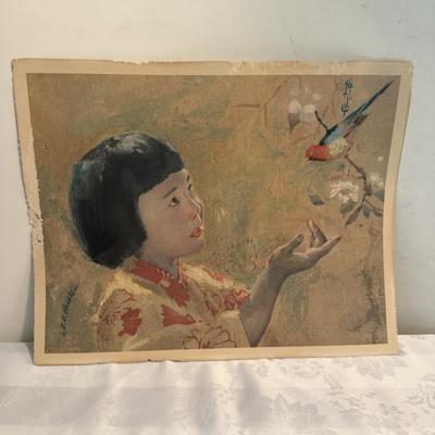 BUY IT NOW! $50 OBO Antique Cecil Calvert Beall watercolor Print on paper "Asian Girl with Bird"