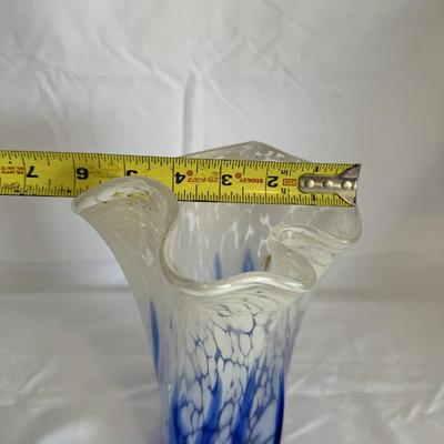 BUY IT NOW $25 Cobalt Blue and White Ruffled Hand Blown, Art Glass Vase 10" x 6"