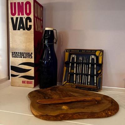 UnoVac Thermos, Live Edge Cheese Board, Nutcracker Set, Glass Beer Bottle