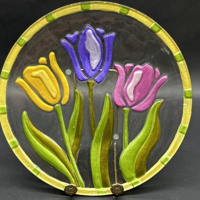 Gold Rim Plate w/ 3- Colorful Embossed Tulips