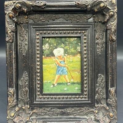 Small Framed Painting of Young Boy Playing Croquet