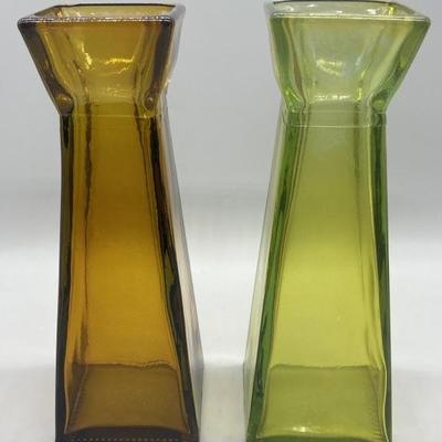 (2) Amber & Green Glass Flower Vases