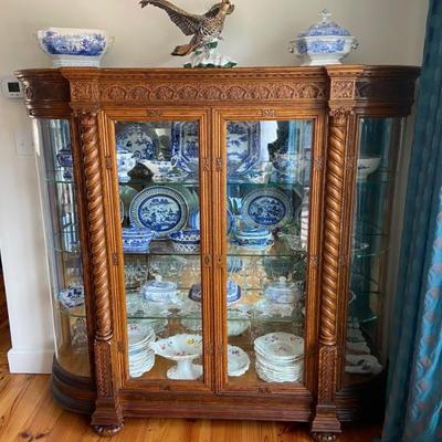 Fantastic Ornate Cabinet with lots of Blue and White Asian and English China, Pottery, Porcelains