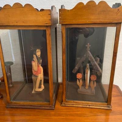 2 Carved cased pictures of Jesus and Mary