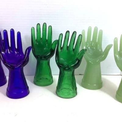 DILA209 Vintage Glass Display Hands	Pair of Cobalt blue, Emerald green and Jadeite green glass hands, Ring and jewelry holders.
