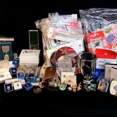 SHBR961 Freemasonry And Military Pin/Regalia Collection	Collection of military insignias and patches, freemasonry pins, belt buckles,...