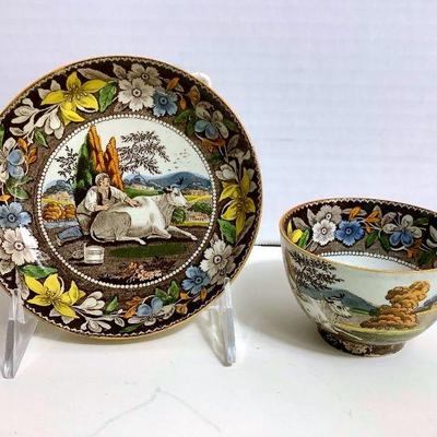 LISU206 Early 1800's Caughley Salopian Pearlware Cup & Saucer	Antique English Tableware. Depicts lady and cow in a pasture, c...