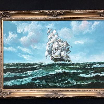 NOBE108 Oil On Canvas Ship Painting	Nice, large painting, not signed. In aged, gold, wood frame. Measures approximately 30 x 42 inches.Â 
