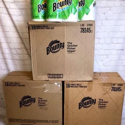DILA900 NEW Packaged Bounty Paper Towels	A total of 48 Bounty paper towel rolls, unopened in packages of two. 3 boxes, each 12" x...