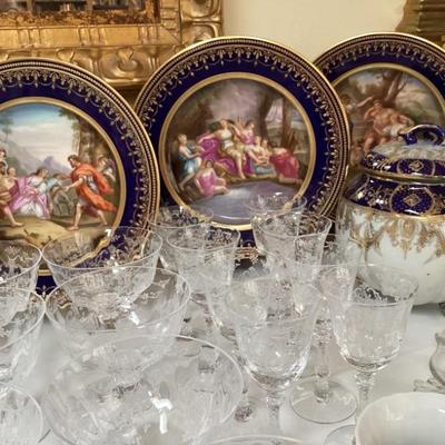 Set of six plates, etched glass Tiffan, Cambridge, Fostoria