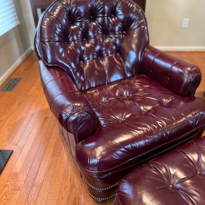 Woodmark Originals button tufted leather club chair with matching ottoman, nail head trim