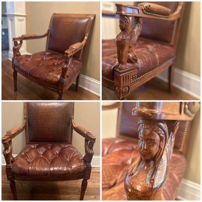 Antique leather Tufted Chair carved face