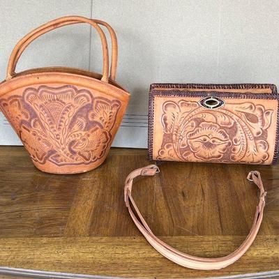 MIM040 Two Vintage Hand Tooled Leather Bags From Mexico 