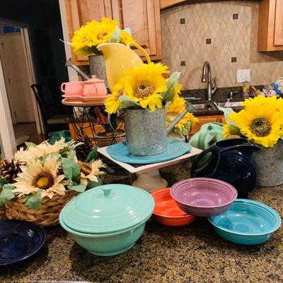Fiesta Ware Dishes and Sunflower arrangements.