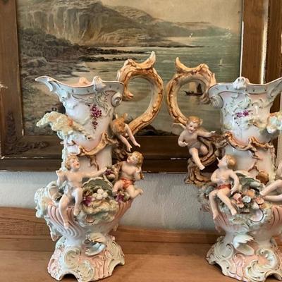 â€˜at art crossed arrows porcelain cherub water pitchers 