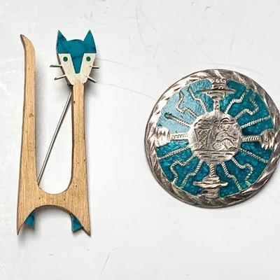 Left- MCM Metales Casados sterling turquoise inlay kitty cat pin right- Mexico GURD sterling and turquoise pin