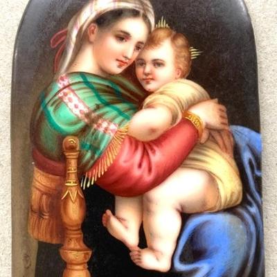 Hand-painted Madonna and Child on porcelain, unsigned.  2 1/4 x 3 1/4 in.