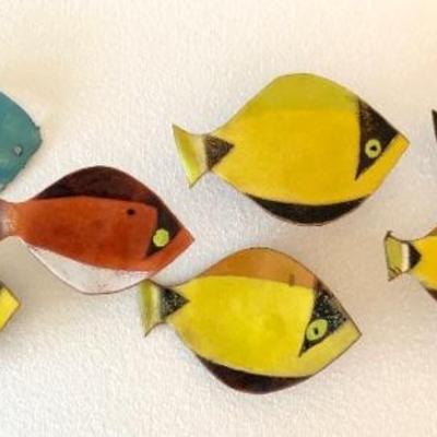 Bovano of Cheshire enameled copper fish. These are individual pieces but could be assembled into a MCM wall sculpture.