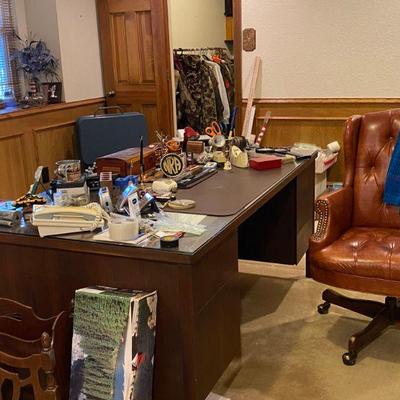 Large 1982 Wood desk with glass top and Leather wingback office chair