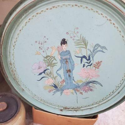 Hand painted asian metal tray