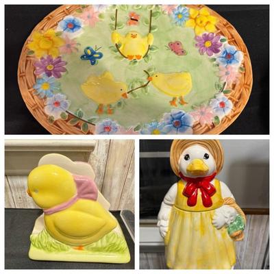 Easter platter, napkin holder, Duck cookie jar 