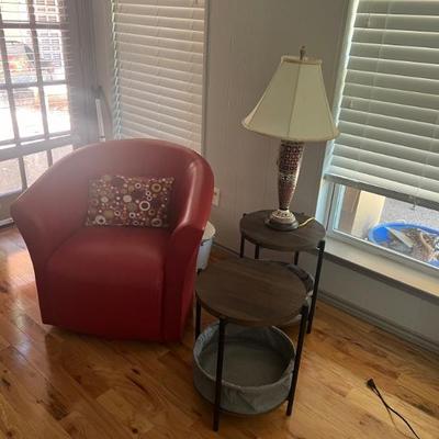 Red Vinyl Tub Swivel Chair used $30 w/ Pier Ine Throw Pillow 