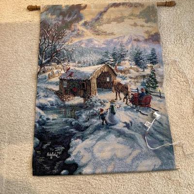 Vintage Tapestry Snowfall Lighted Scene Wall Hanging 