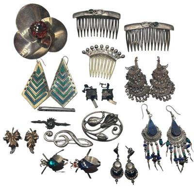 Collection 1940's-1960's Mostly Sterling Silver Hair Combs & Jewelry

