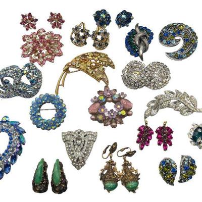 Vintage Designer Rhinestone Brooch Pins Earrings

