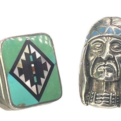 Two Sterling Silver, Turquoise Native American Mens Rings
