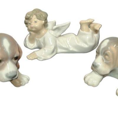 Three LLADRO Figurines, Puppies, Angel
