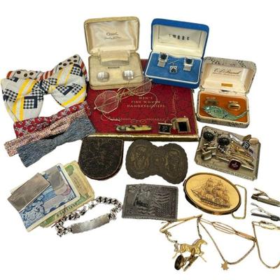 Collection Men's Vintage Belt Buckles, Bowties, Cufflinks & Accessories, Some Sterling Silver
