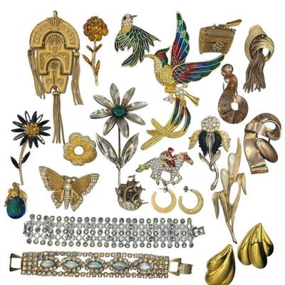 Collection Vintage Figural Rhinestone, Some Sterling Silver Brooches & Accessories TRIFARI, NAPIER,
